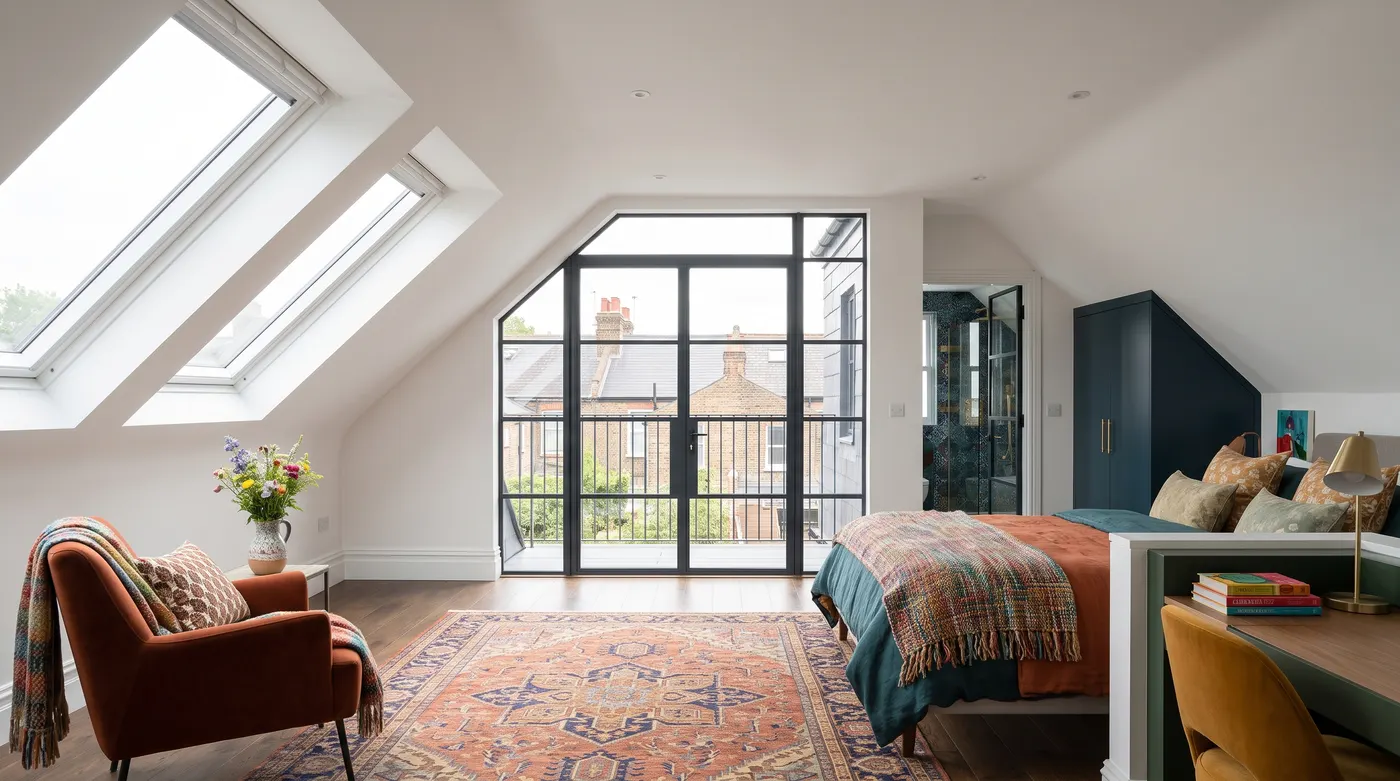 Light-filled loft room with roof windows and a dormer opening