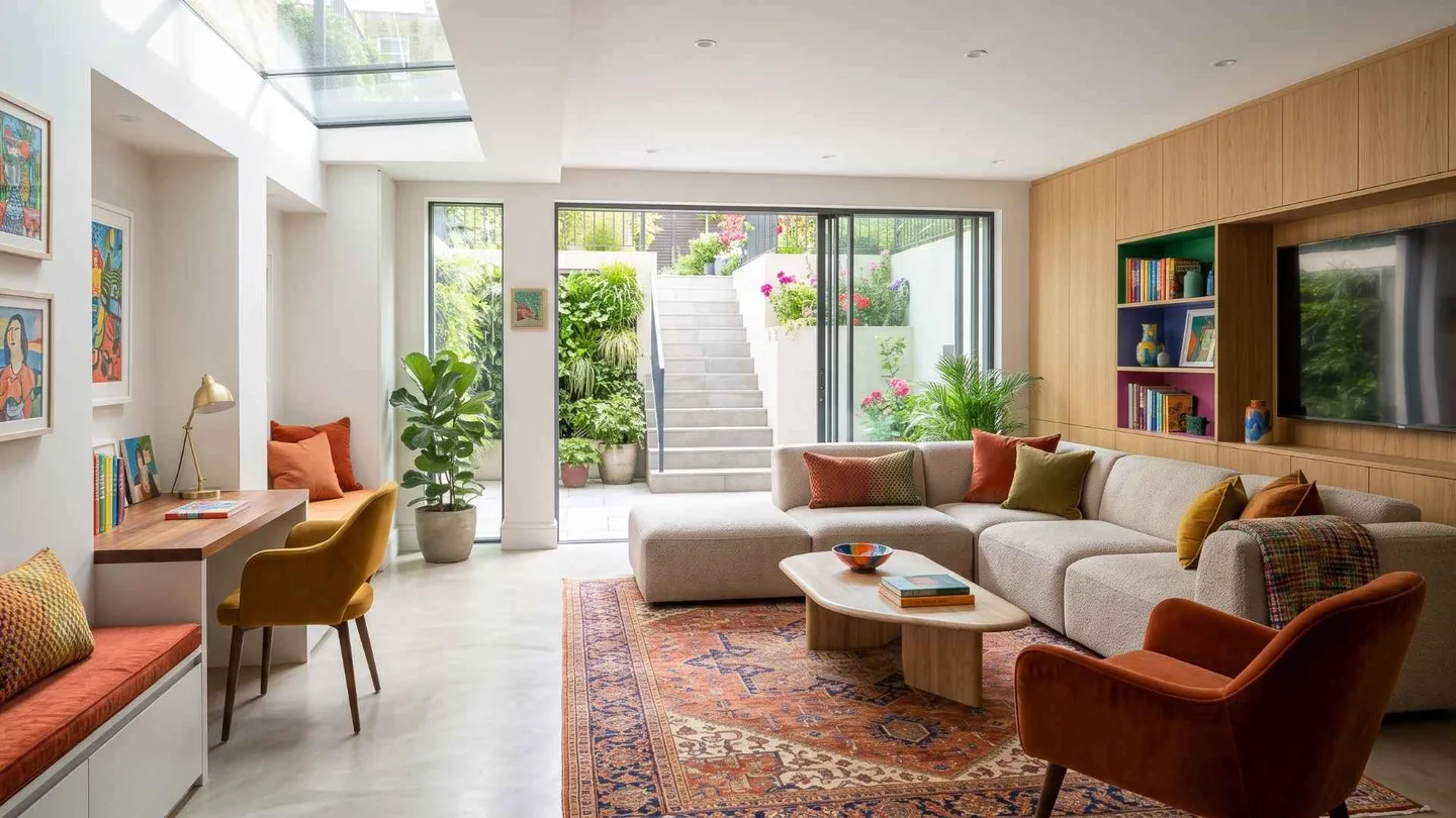 Basement family room in Battersea SW11 with a rooflight, pale corner sofa and planted lightwell
