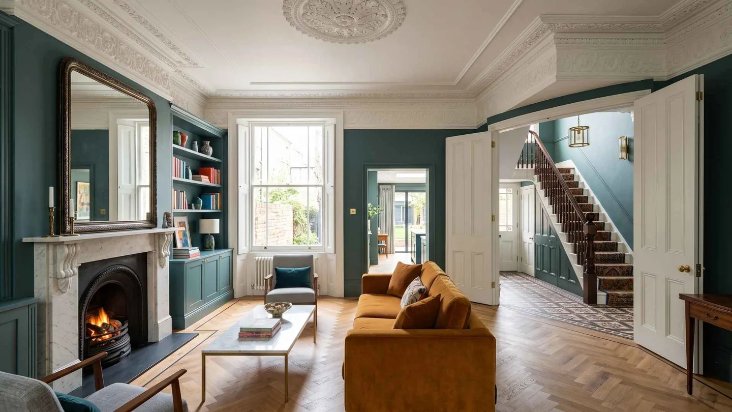 Refurbished period living room in Clapham Old Town with green panelling, restored cornicing and a fireplace