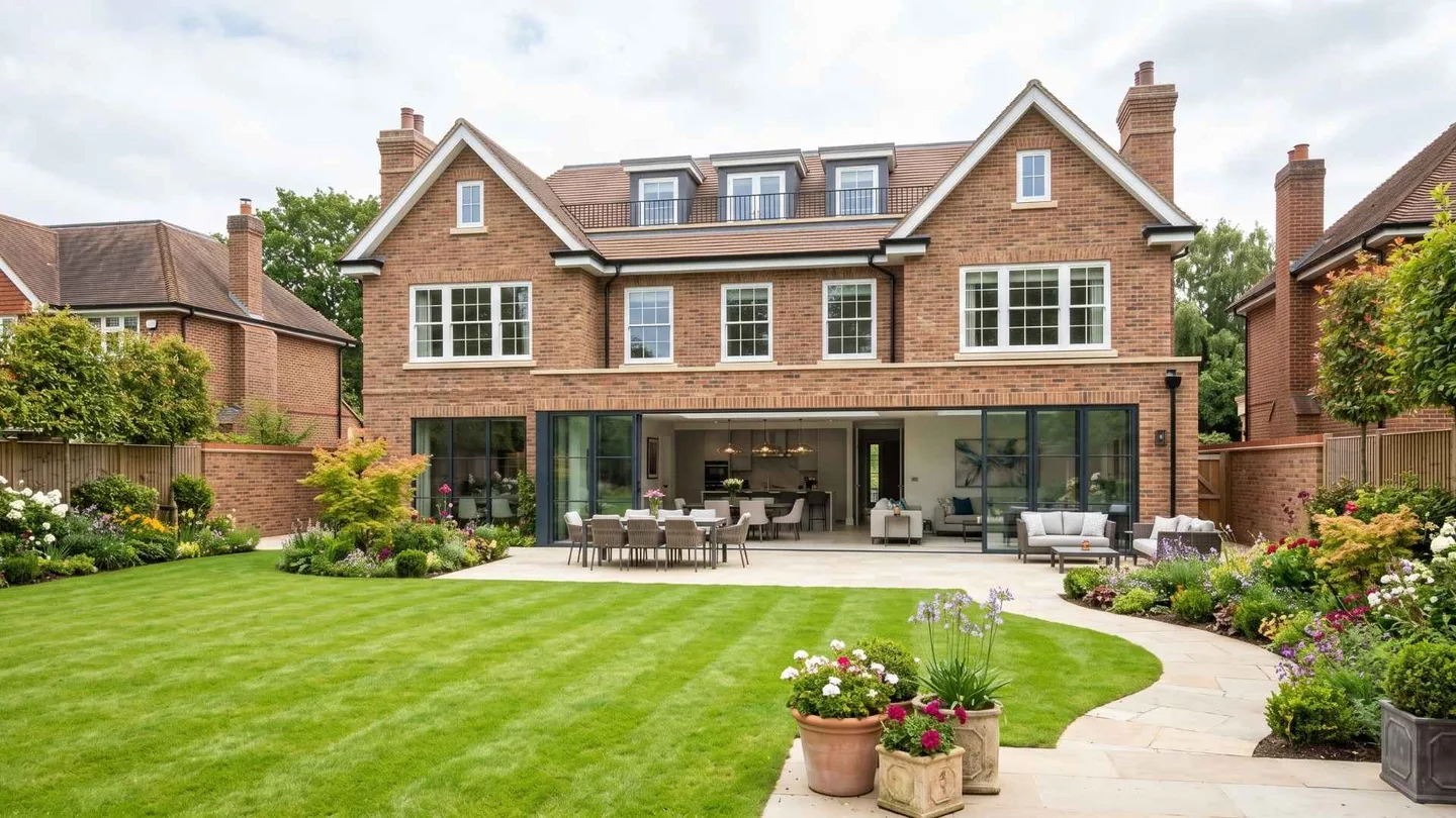 Replacement brick family house in Wimbledon SW19 with wide garden glazing and landscaped lawn