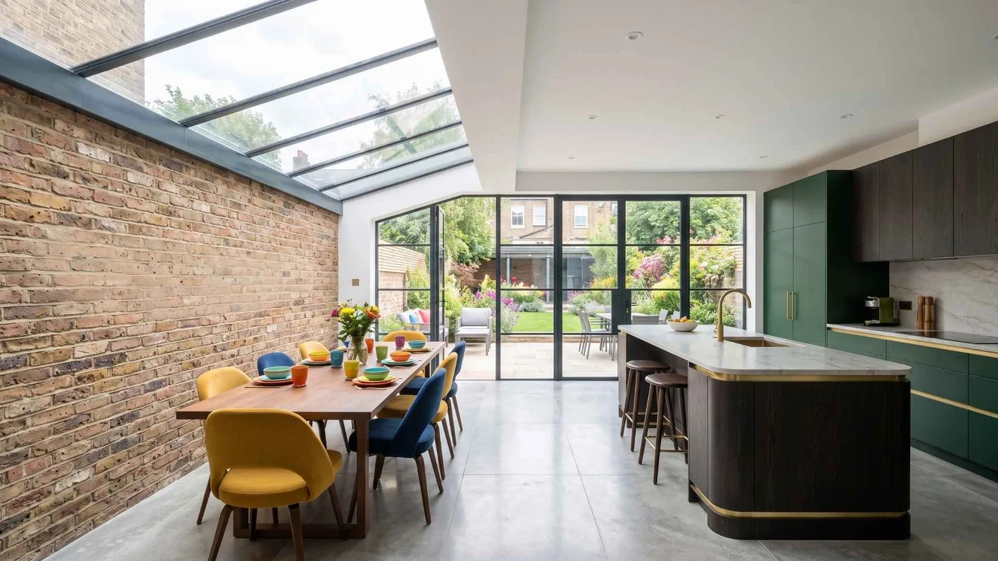 Side return kitchen extension in Balham SW12 with a glazed roof, exposed brick and garden doors